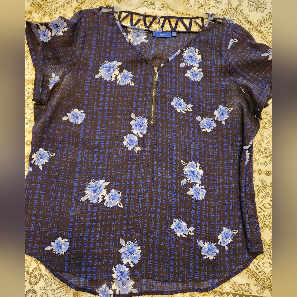 Womens Blue 1/4 Zip Short Sleeve  Blouse